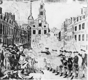Paul Revere's rendition of the Boston Massacre of March 5, 1770. Five years later at the oration described in this story, Paul Revere was in the audience. A little over a month later, shots would be fired on Lexington Green.